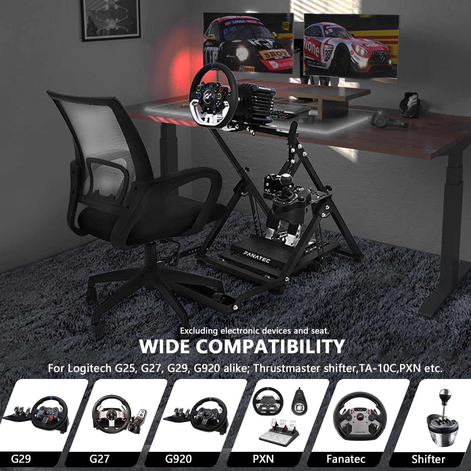 Dardoo X Frame - Soporte plegable para volante de carreras Logitech G25, G27, G29, G920 Thrustmaster T300RS GT, simulador de dirección ajustable, no incluye freno de mano y palanca de cambios