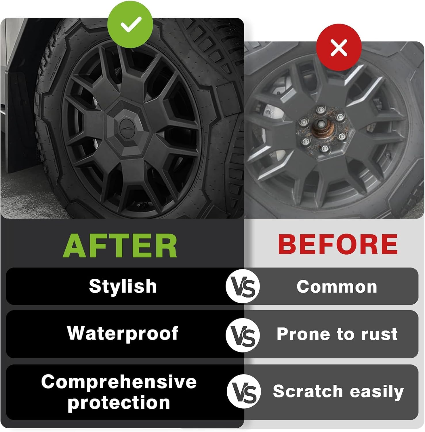 BestEvMod Upgrade 4PCS Full Coverage Wheel Center Hub Caps Cover Compatible with Tesla Cybertruck 2026 2025 2024 Accessories Removable Hub Center Fit All Terrain Tires ONLY NOT Fit Core Wheels (V2)
