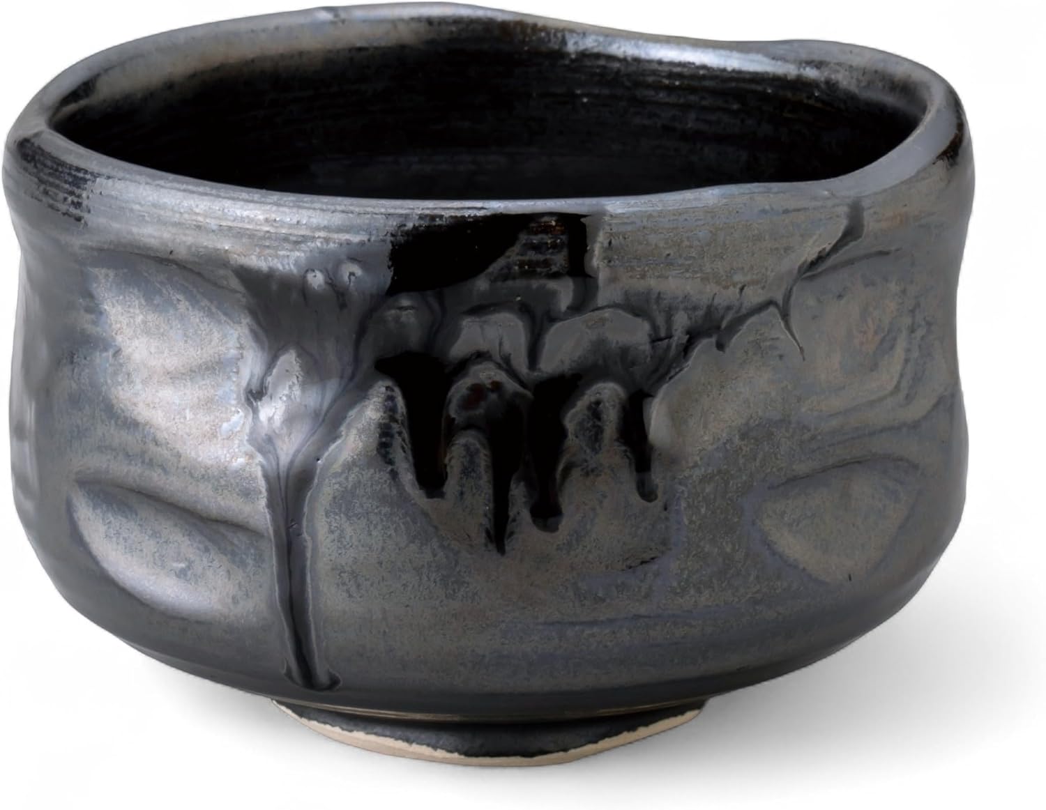 Handmade Ceramic Matcha Tea Bowl Authentic Japanese Tea Ceremony Pottery, Mino Ware Made in Japan, Silver Black Drip