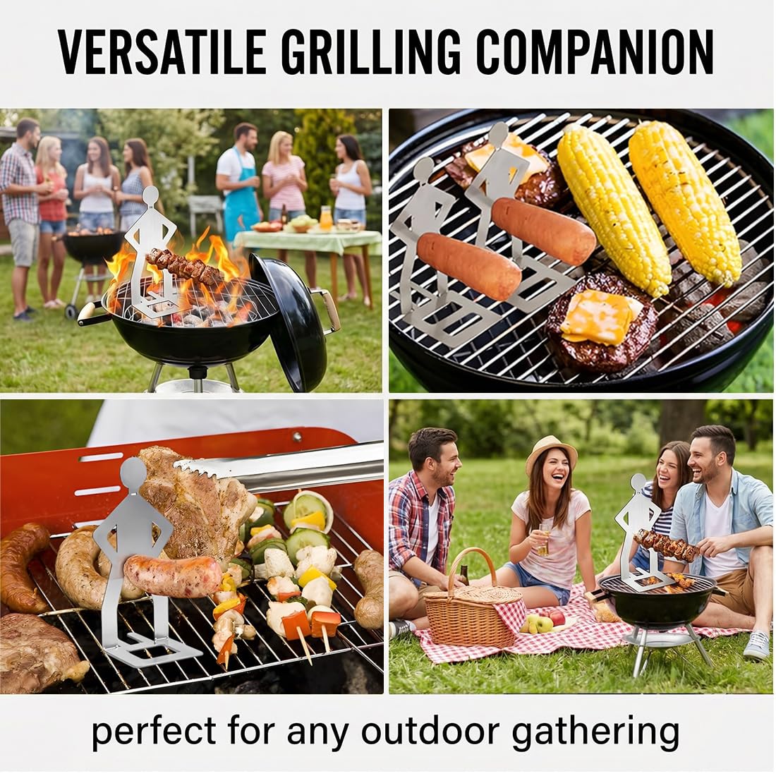 4 Pezzi Supporto per salsicce da barbecue in acciaio inox, design divertente a forma di omino, portatile per campeggio e picnic, argento