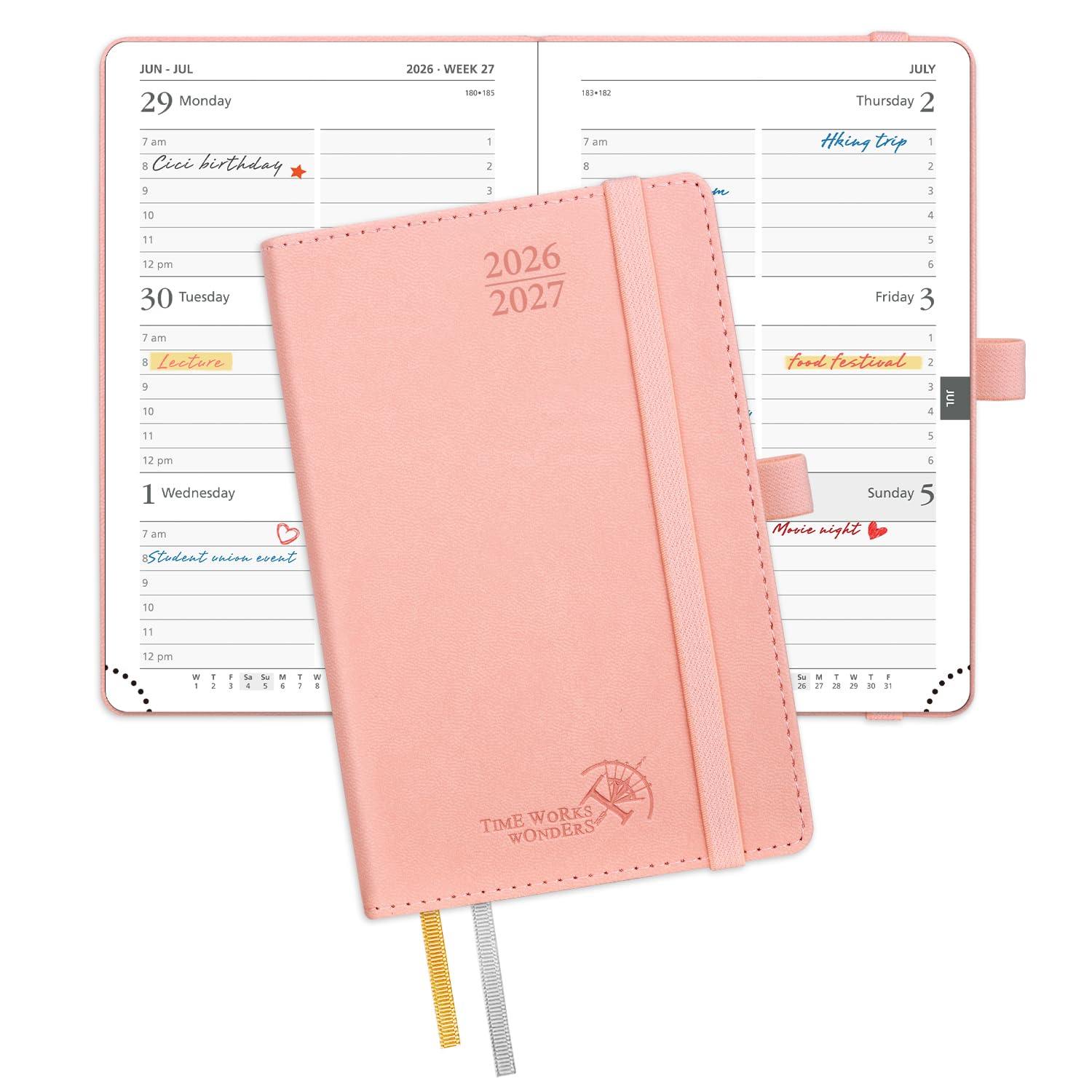 POPRUN Pocket Planner 2026-2027, Purse Size-4" x 6.25", Pocket Calendar (July 2026-June 2027) for Purse, Academic Small Weekly Planner with Hourly Slots, Leather Soft Cover, 100GSM - Pink