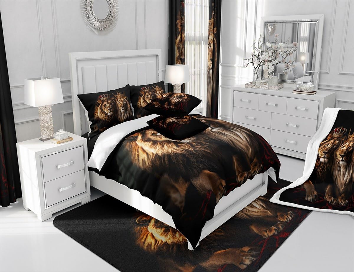 3D Lion Printed Comforter Set King Size 3 Pcs Brown Abstract Jungle Wildlife Bedding Comforter for Kids Teens Adults Red Golden Crown Animals Decor Soft Quilt Duvet Set with 2 Pillowcases - Image 6