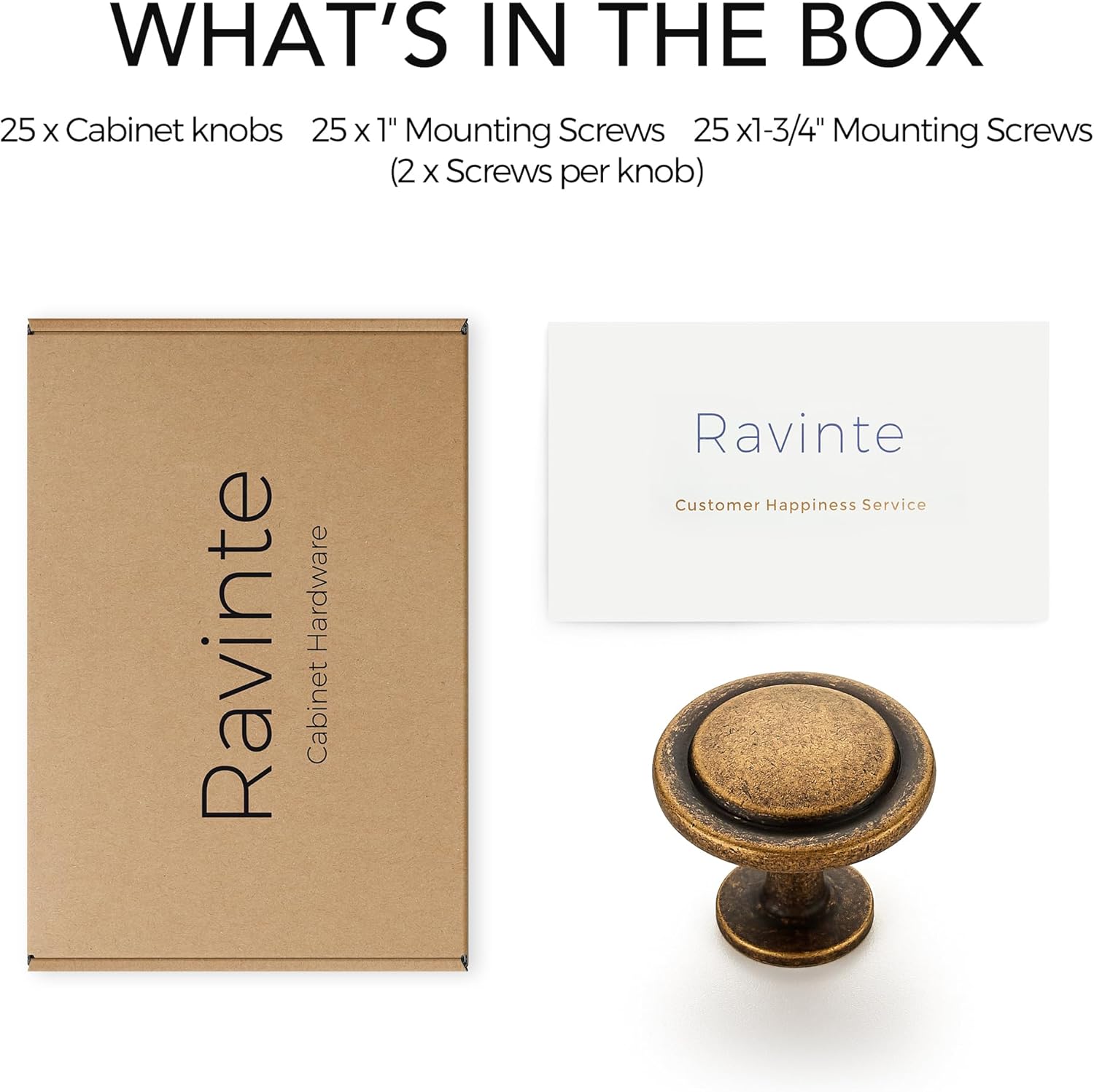 Ravinte 25 Pack 1-1/4 Inch Kitchen Cabinet Knobs Antique Brass Zinc Pulls Door Handles for Dresser Drawers