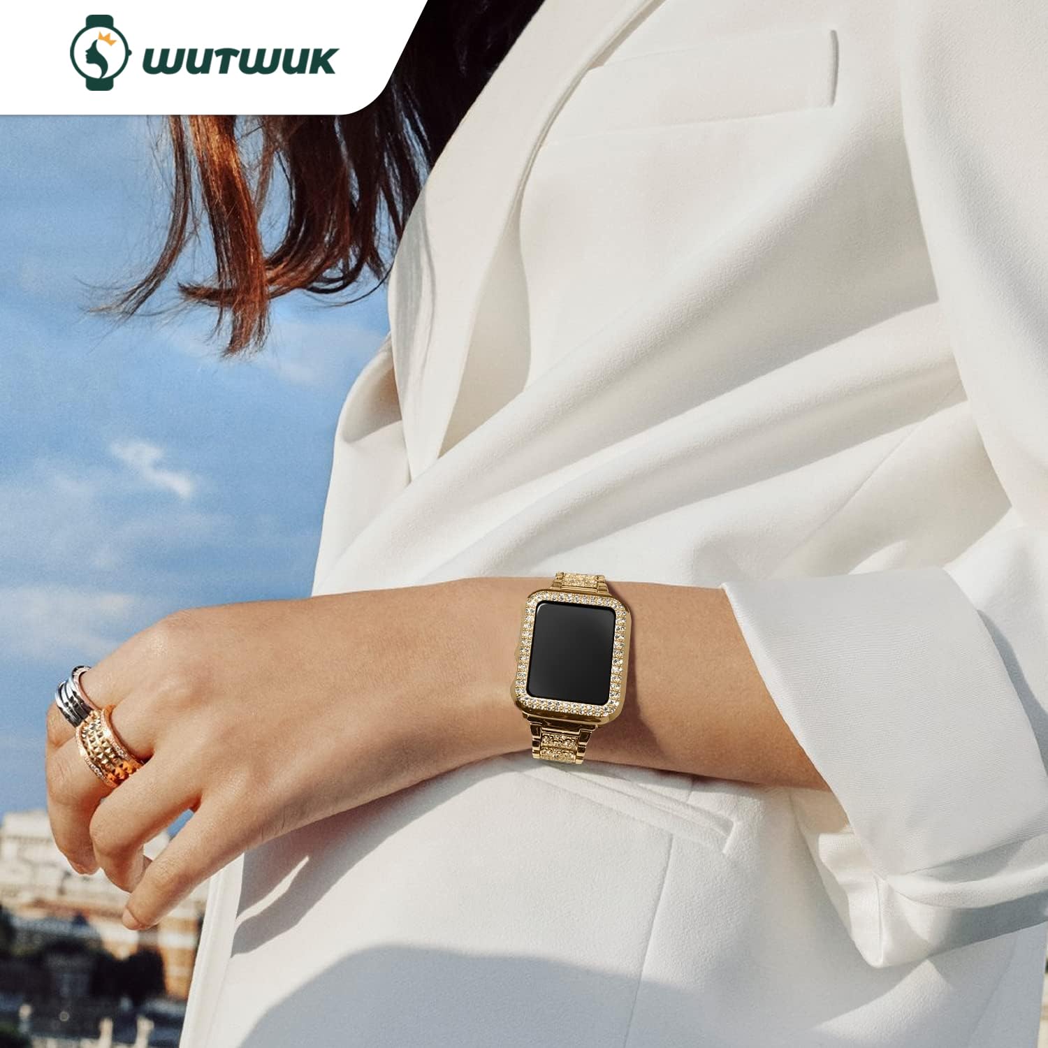 wutwuk Compatible with Apple Watch Straps Serie 11/10 46mm, Metal Sparkling iWatch Strap with Bling Case - Image 2