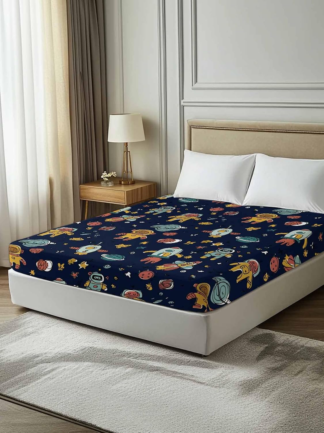 Full Flat Sheet, Cartoon Space Full Bed Sheets Only, Soft Microfiber Flat Sheet, Funny Cute Rocket Planet Navy Blue Hotel Quality Bedding Top Sheet Bedroom Home Dorm Decor
