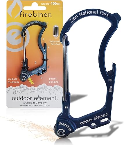 Miniatura 32 de OUTDOOR ELEMENT Firebiner Custom Engraved 6-in-1 Fire Starter Carabiner Multitool – Survival Gear EDC Keychain with Utility Blade, Bottle Opener, GT