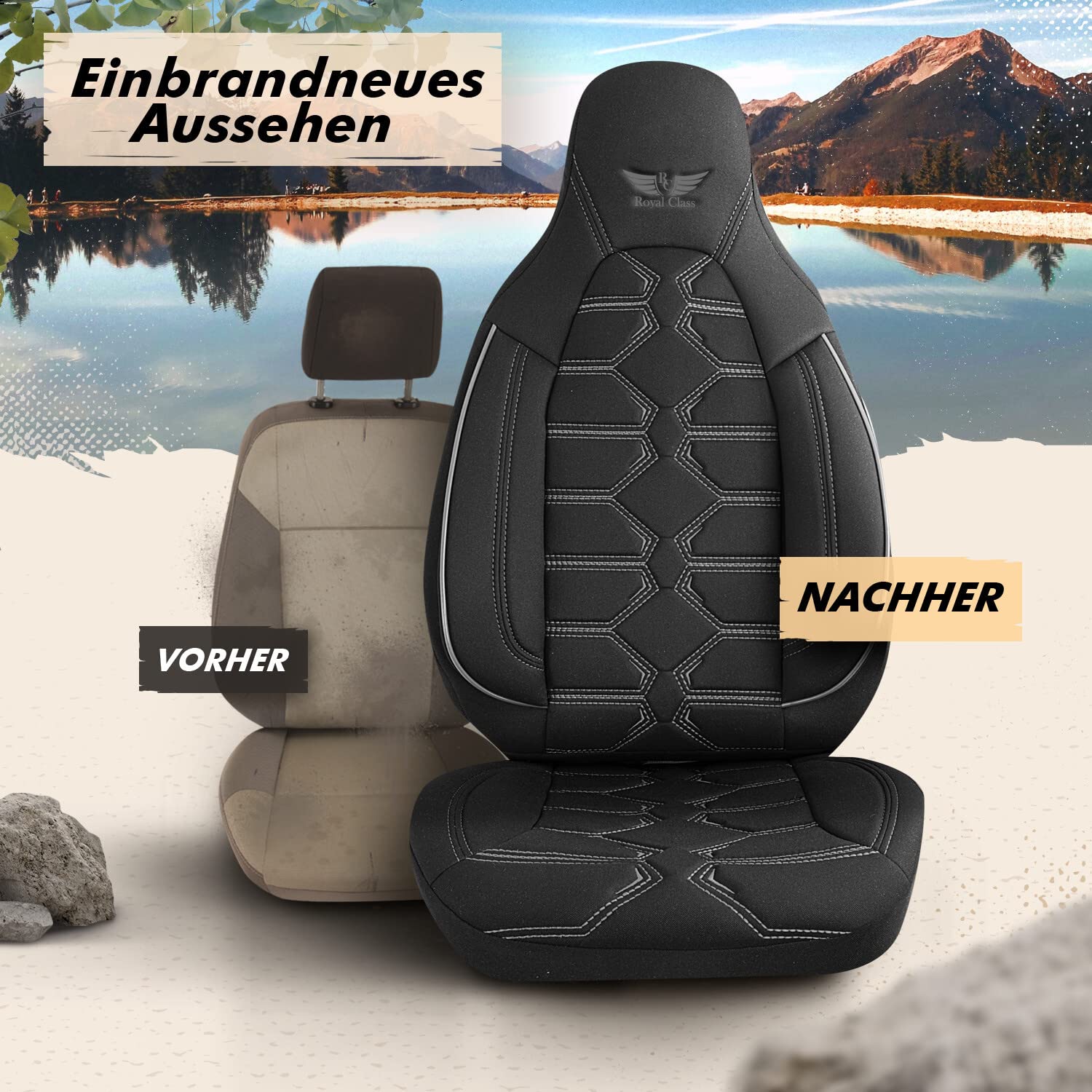 RC Royal Class Auto Sitzbezüge für Pilot Vordersitze Fahrer und Beifahrer kompatibel für Carado Wohnmobil Caravan in Schwarz Grau Pilot 2.1 das Sitzbezugsset Auto Zubehör