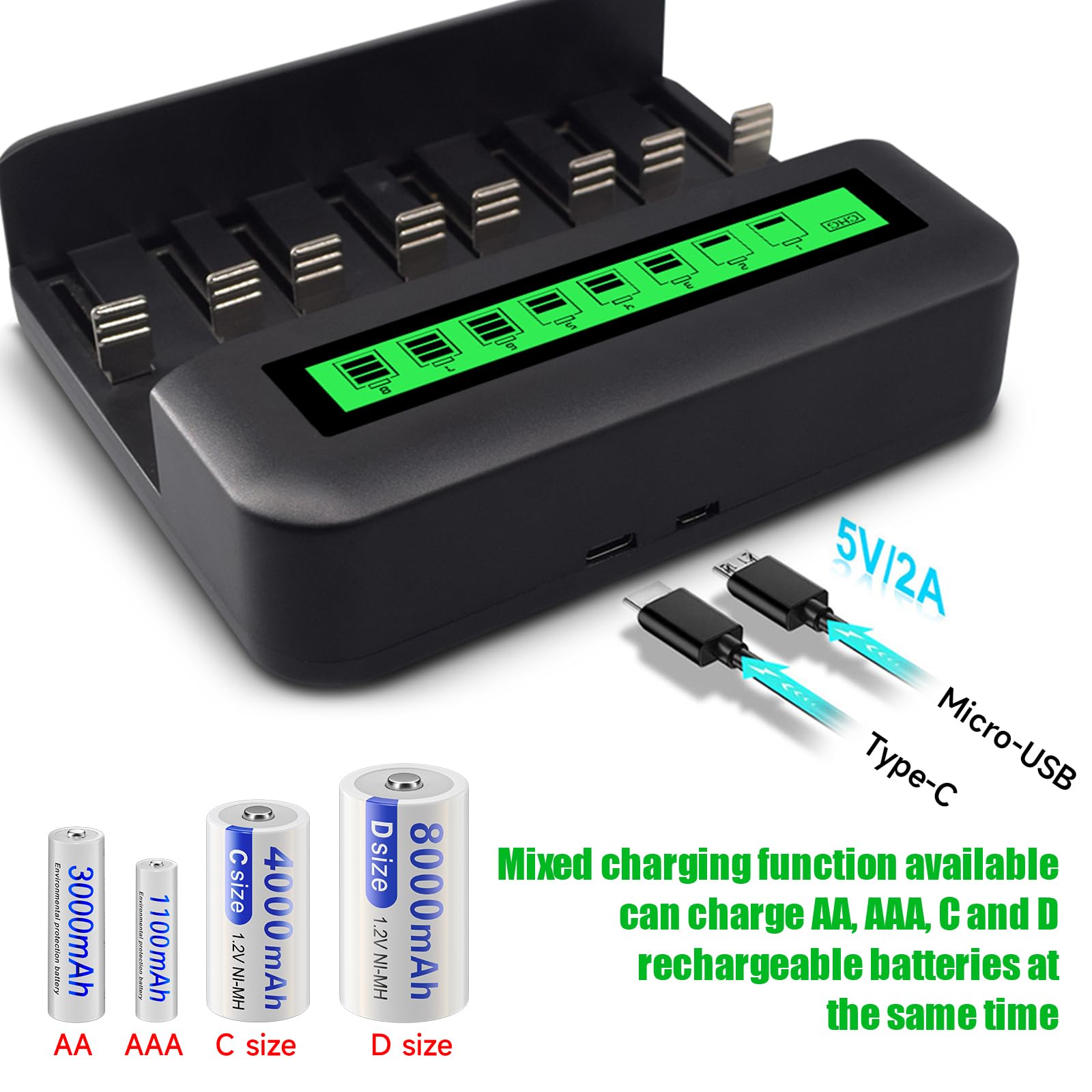 Rechargeable D Batteries with LCD Display Universal Battery Charger for AA/AAA/C/D 1.2V NI-MH NI-CD Rechargeable Battery?6 Pack ?