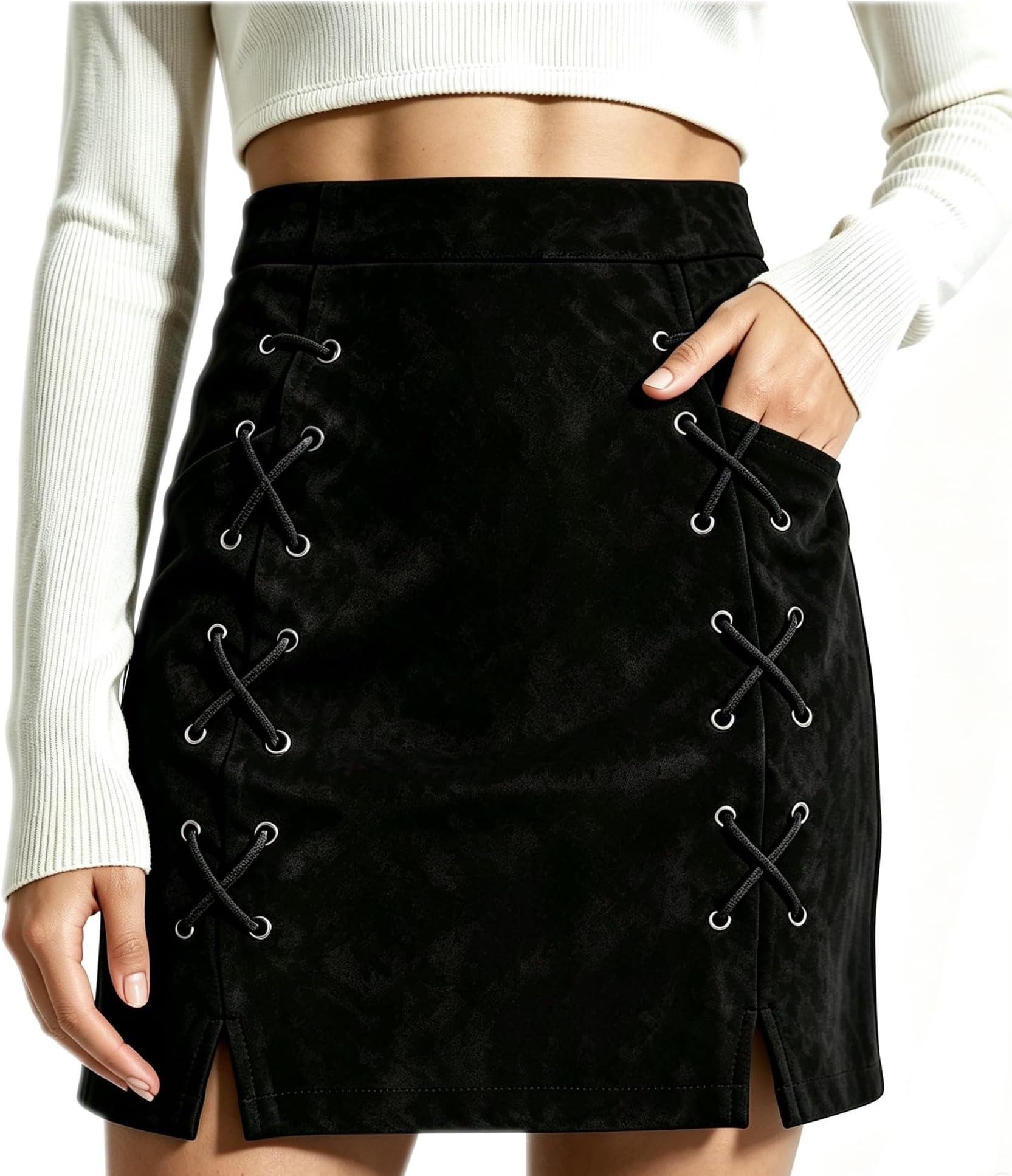 Women's Classic High Waist Faux Suede Lace Up Side Slit Bodycon Short Mini Skirt
