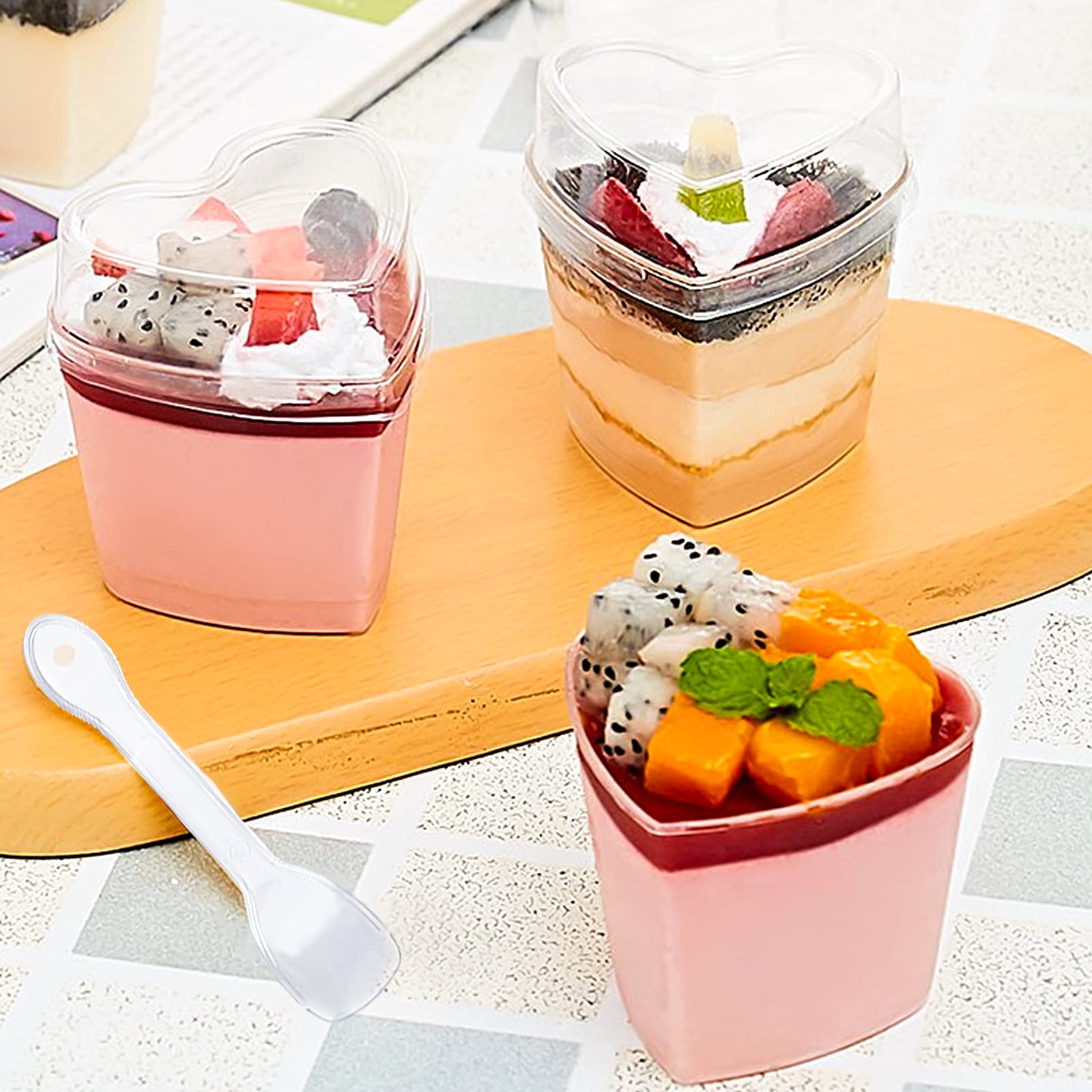 30 Tazze Da Dessert A Cuore Con Coperchio E Cucchiaio - 150 Ml, Plastica BPA Free - Foto 14