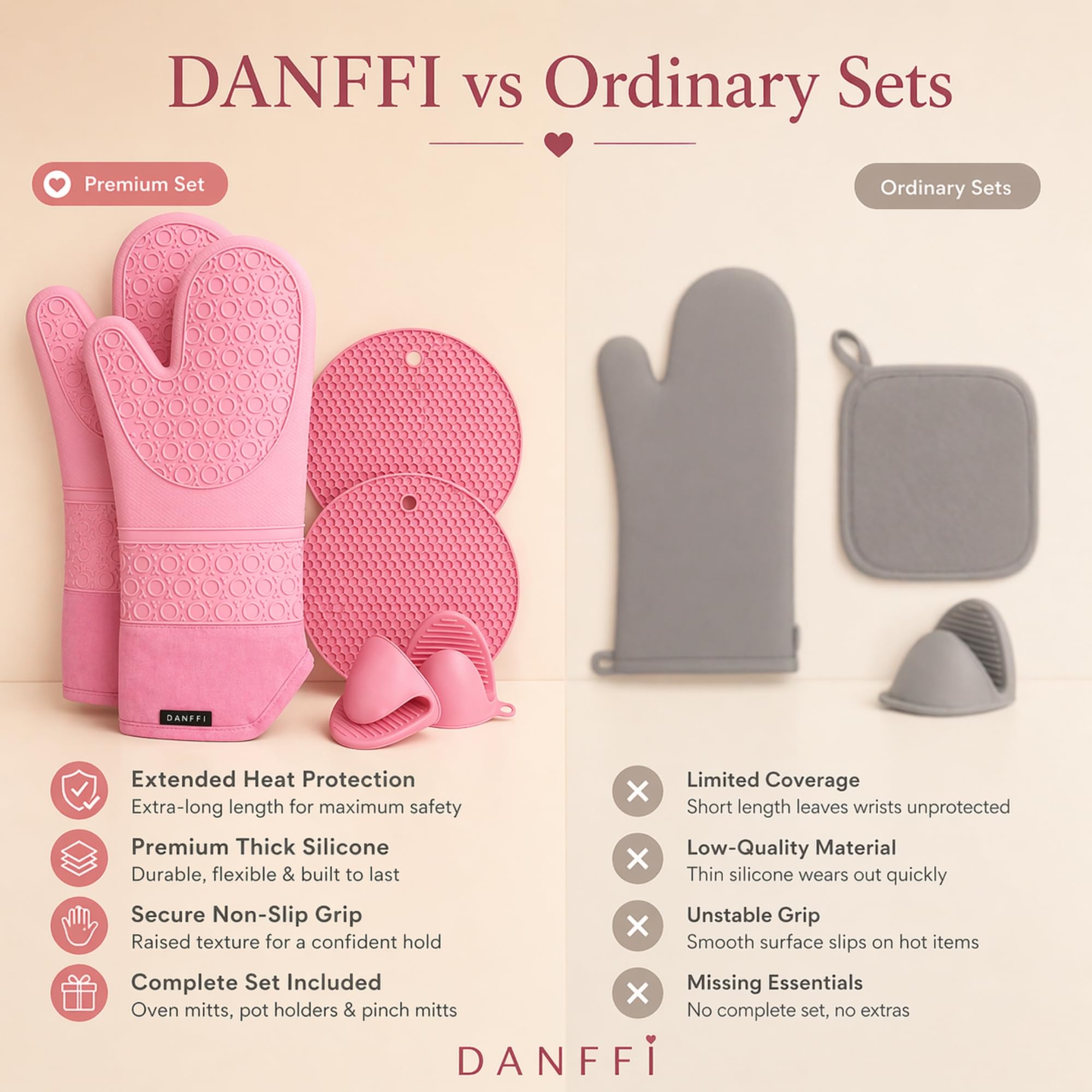 Silikon-Ofenhandschuhe und Topflappen, hitzebeständige Küchenhandschuhe, rutschfester, strukturierter Griff, flexibles Silikon mit weichem Baumwollfutter (6 Stück, Rosa)