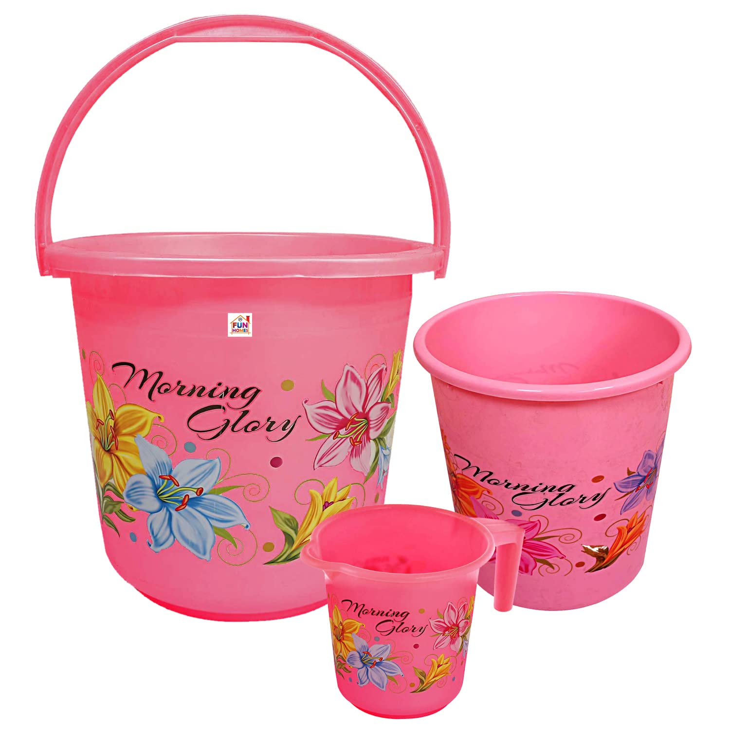 Fun Homes Printed 3 Pieces Plastic Bucket, Mug & Dustbin Set (Pink