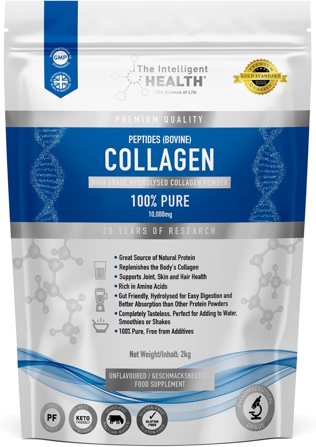 The Intelligent Health Collagen Powder, Pure Hydrolysed Bovine Peptides, Unflavoured High Protein Formula, Grass Fed, Versatile for Daily Use, Collagen Supplements Powder for Women & Men, 2kg