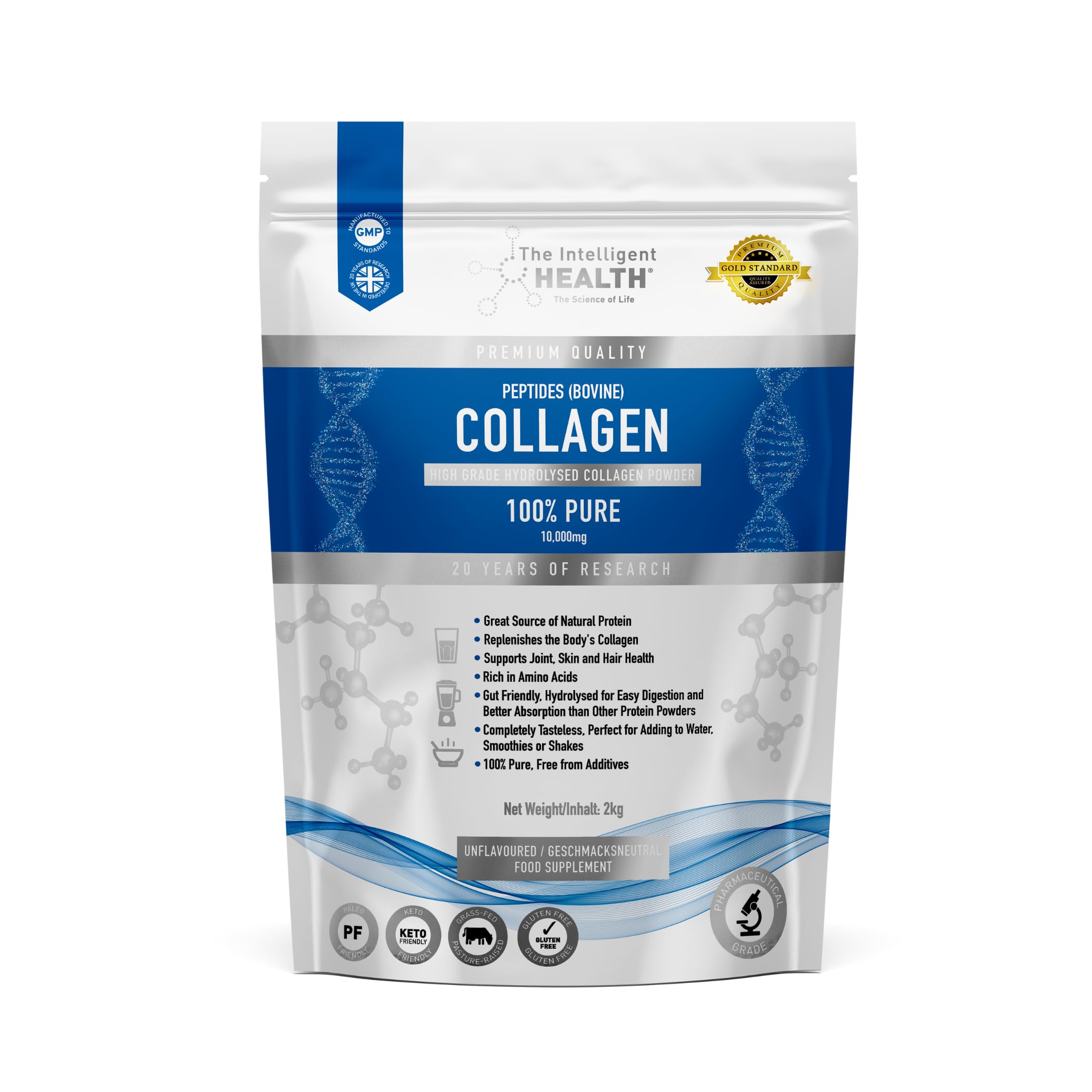The Intelligent Health Hydrolyzed Collagen Peptides Powder, Grass Fed, High Protein, Unflavored, Gluten-Free, Paleo & Keto Friendly, 10g per Serving (