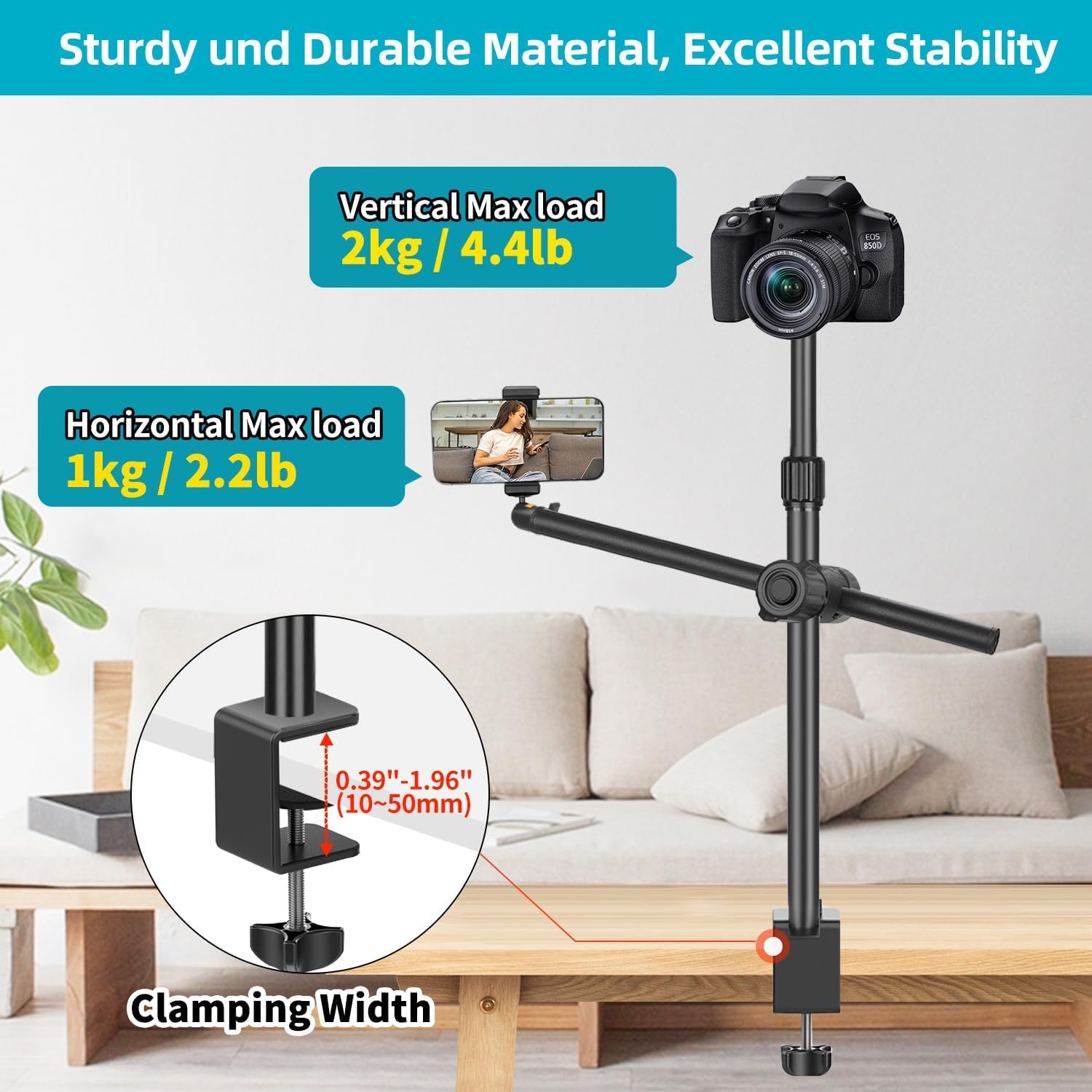 OS02 Supporto da tavolo per Fotocamera, 31 – 97 cm, Regolabile, per DSLR, Treppiedi con Braccio Flessibile e Testa a Sfera da 1/4" per Fotocamera, Luce ad Anello Live Streaming