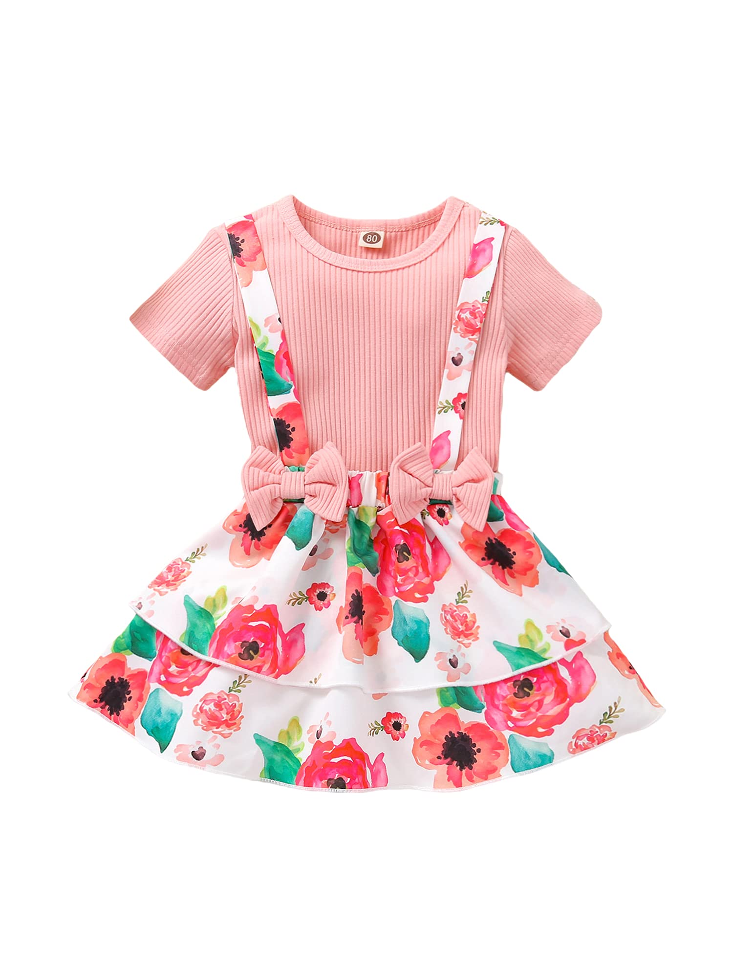 Toddler Kids Baby Girl Short Sleeve Knitted T-Shirt Tops Floral Suspender Skirt Overall Summer Outfit (Pink, 4-5T)