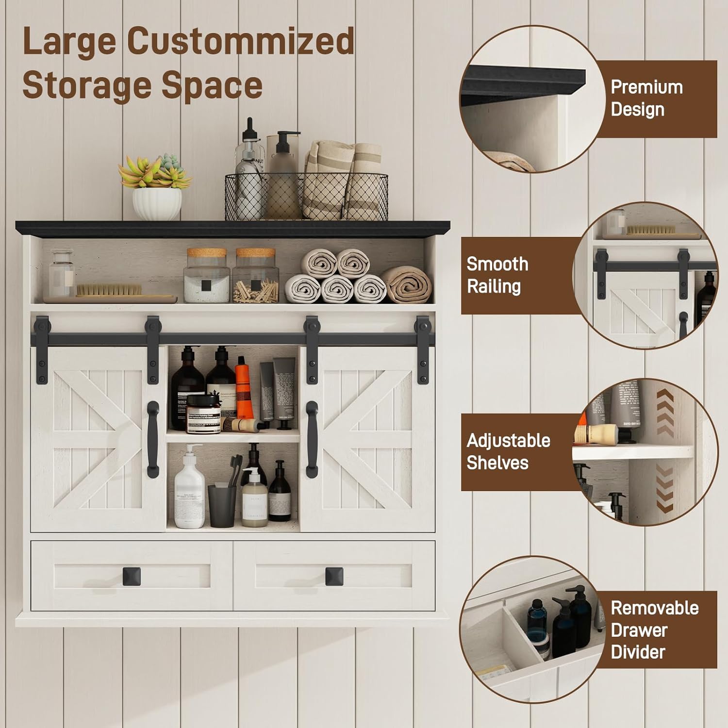 Vabches Bathroom Wall Cabinet, Farmhouse Medicine Cabinet with Double Sliding Barn Door and Storage Drawer, Wooden Vintage Storage Cabinet Wall Mounted for Bathroom, Kitchen, Rustic White and Black