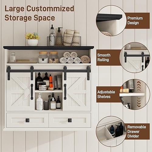 Miniatura 4 de Vabches Armario de pared de baño, botiquín de granja con puerta corredera doble de granero y cajón de almacenamiento, armario de almacenamiento