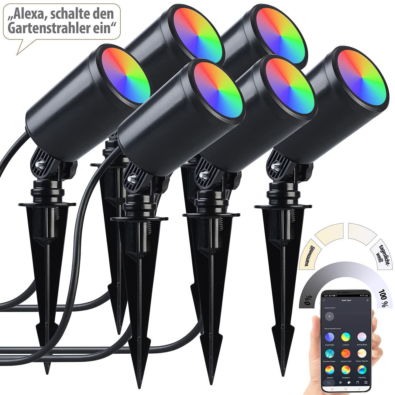 Luminea Home Control Gartenspots: 2x 3er-Set WLAN-Gartenstrahler, dimmbar, RGB & CCT, je 520 lm, App (LED-Gartenstrahler RGB, LED-Erdspießstrahler, Pflanzenlicht)