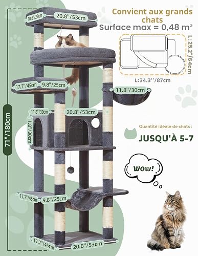 Taoqimiao Cat Tree, 180cm Large Cat Tree for Big Cats Cat Towers for Indoor Cats with 9 Scratching Posts, Spacious Platform, Cozy Hammock, Top Perch, Widened Cat Condo, Smoke Grey MS034G - 2