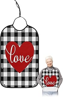 BOBOWUNY Valentine Day Love Heart Adult Bibs for Elder Women Men Eating, Black and White Checkered Waterproof & Washable Bibs for Eating Clothing Protector Dining Bibs for Crumb Catcher