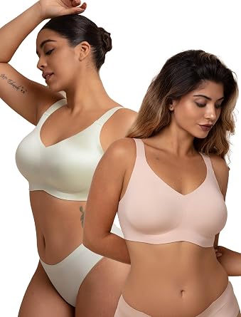 COMFELIE 2 Pack Wireless Full Coverage T-Shirt Bra Oyster Pink L+ Light Pea Green L