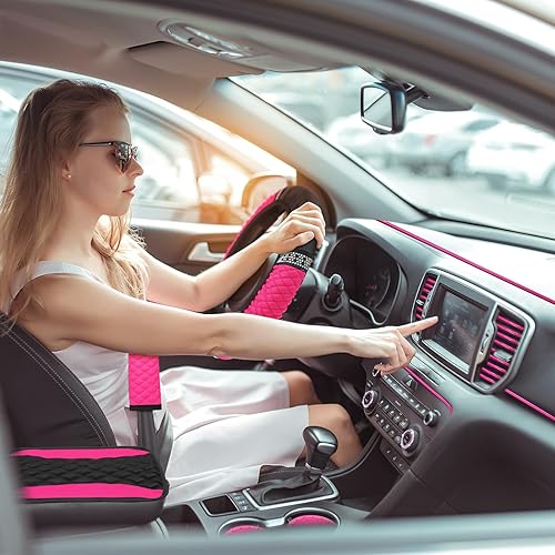 Miniatura 65 de BBTO - Set accesorios autos de mujeres, 43 piezas con brillo, protectores poliéster para asientos delanteros y traseros, funda volante, alfombrillas