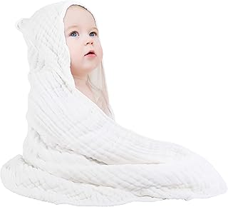 Yoofoss Baby Bath Towels Hooded Towel 100% Cotton 6 Layers Muslin Towels for Girls and Boys Soft Breathable 80 x 80 cm White