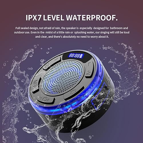 Miniatura 7 de IPX7 Waterproof Shower Speaker with RGB Light & LED Display, Portable Bluetooth 5.3 Suction Cup Radio for Bathroom Party Travel Beach Outdoor  Keeps