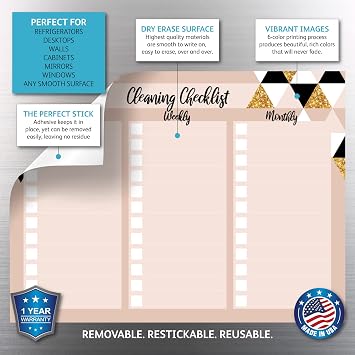 Glassboard Studio Dry Erase Cleaning Checklist Sticker Decal Planner Removable & Reusable | Magnetic Fine-Tip Dry Erase Marker Included (9 x 12 inches, Rose & Gold)