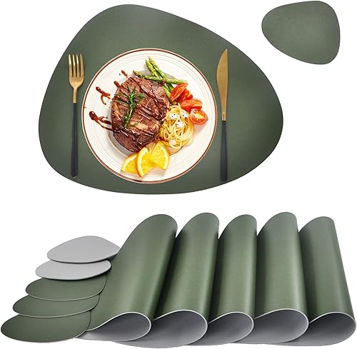 Juego de 6 manteles individuales y posavasos de piel sintética, lavables, antideslizantes, lavables, resistentes al calor, para mesa de cocina