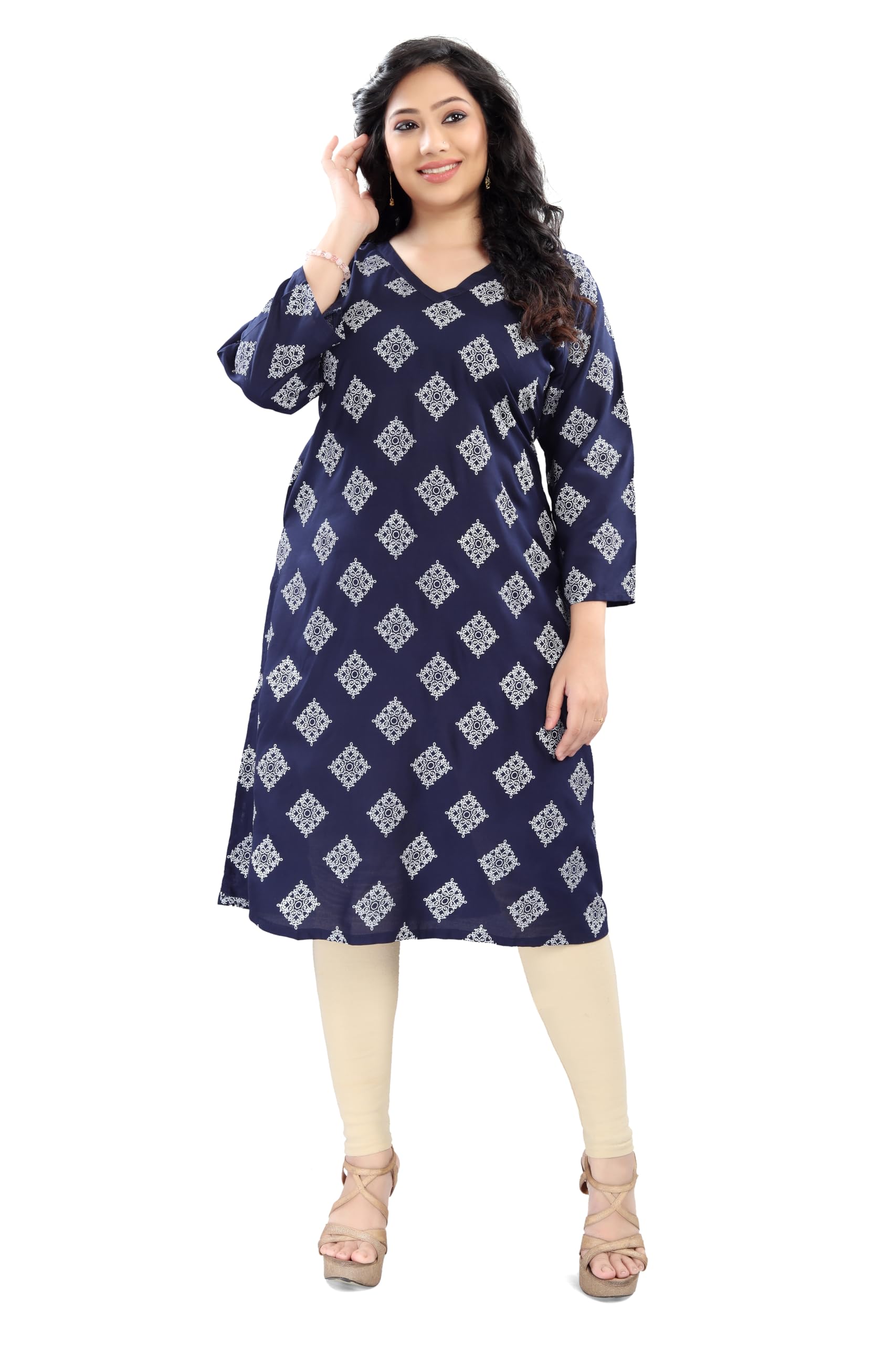 Floral Printed Rayon Kurti | Side Pocket | 3/4 Sleeves | Regular Fit | Casual, Office L, XL, XXL-image-41