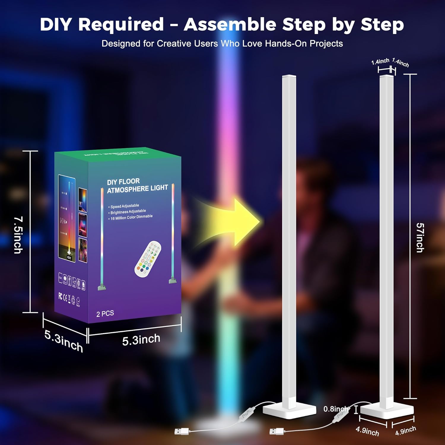 2 Pack DIY Corner Floor Lamps, ICRGB Floor Lamp with Music Sync and 16 Million Colors, Color Changing Standing Floor LED Lights for Bedroom Living Room Decor, Ambient Mood Lighting Gaming