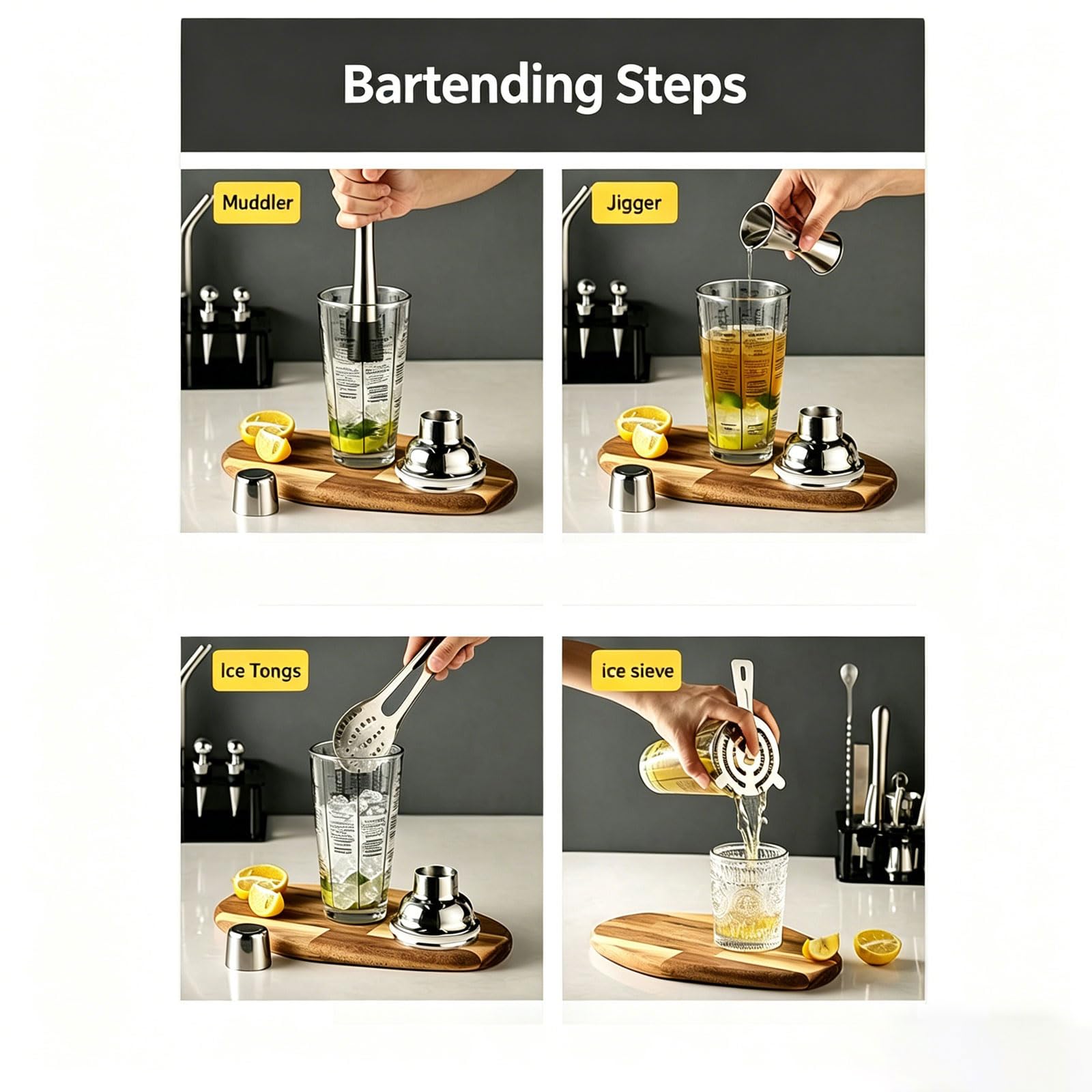 Coctelera para Cócteles Kit 10 piezas Coctelera de Acero Inoxidable Con Soporte Profesional Barman Herramientas con Mortero de Cóctel Accesorios Profesional para Mezclar Bebidas,Barra,hogar