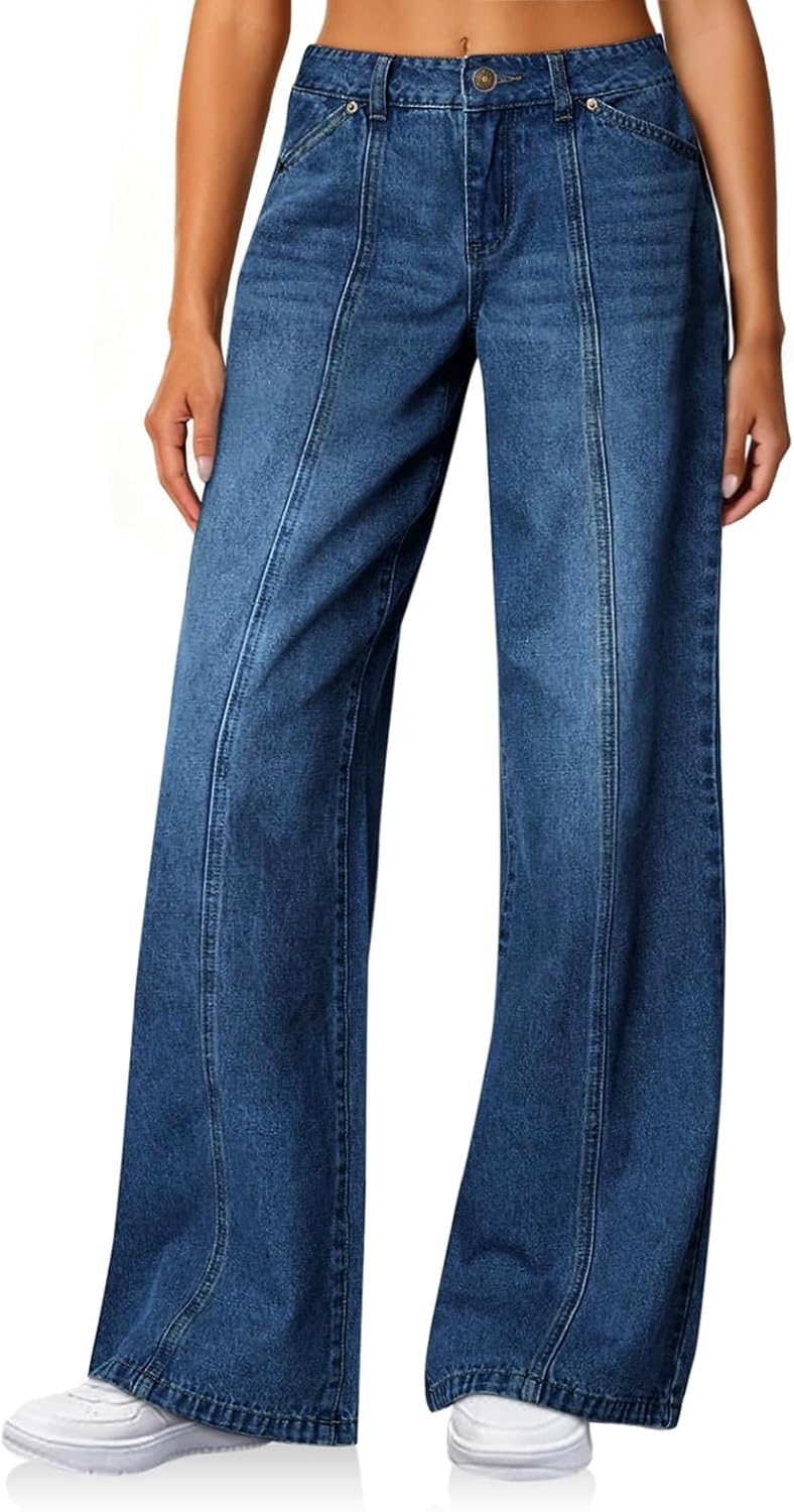 Cicy Bell Womens Wide Leg Jeans High Waisted Baggy Stretchy Front Seam Denim Pants with Pockets