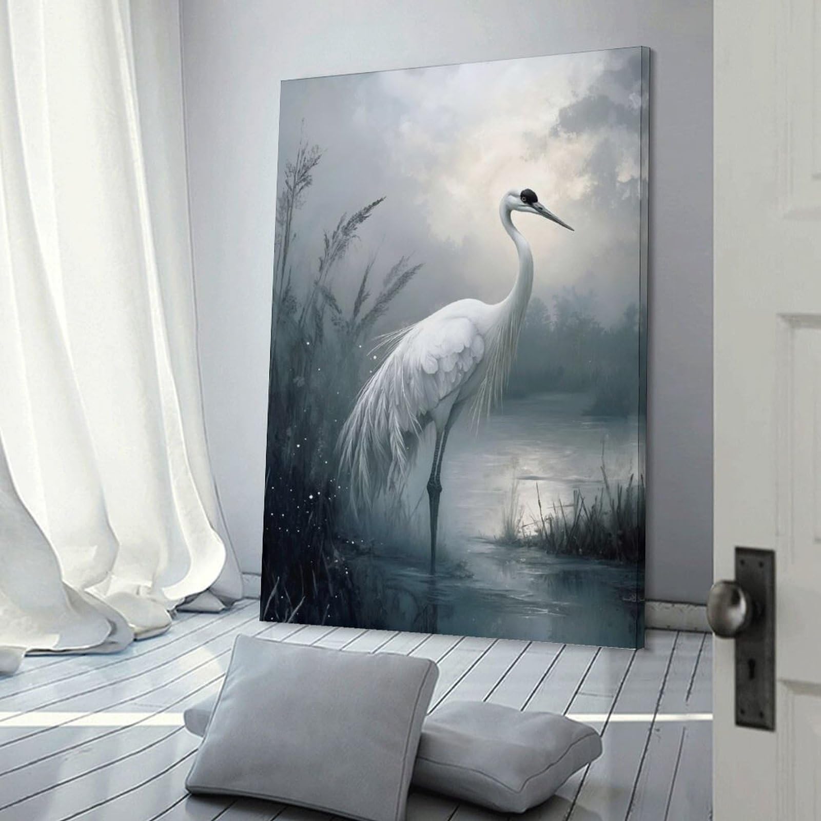 Junmoney Frame-Style Elegant White Crane In Misty Waters Decorative Wall Artwork 16X24inch(40X60cm), For Corridors, Hallways Or Apartment Entries, Home Artwork For First Impressions