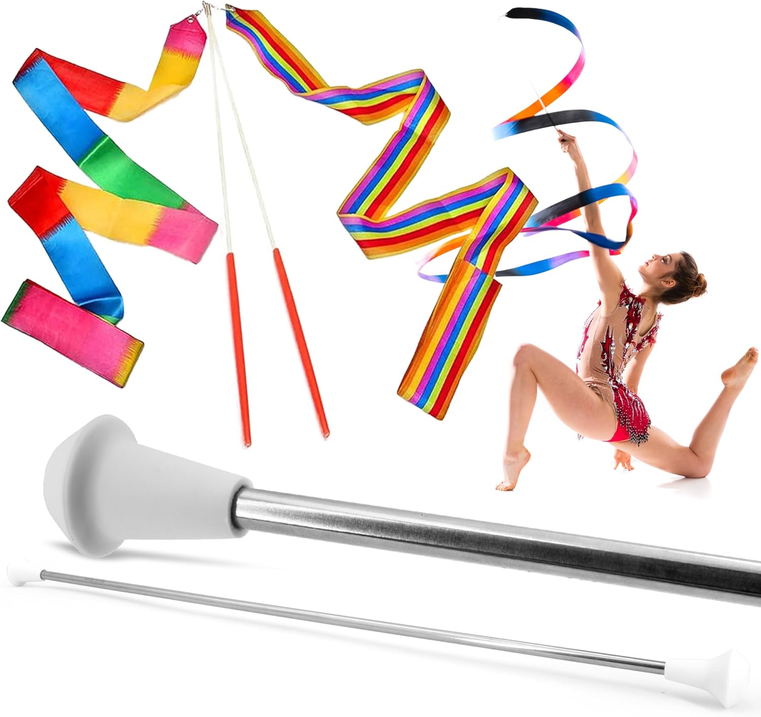 SIRCLES 28 Inch Twirling Marching Baton in Stainless Steel with Rubberized Ends Mini Shaft 3/8 with 2 Dancing Ribbons (28 Inch)