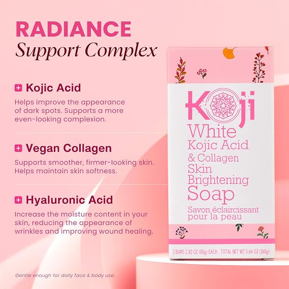 Koji White Kojic Acid & Collagen Skin Brightening Soap for Face & Natural Glowing Skin - Moisturizer, Body Cleansing Bar, Reduce the Appearance of Wrinkles, Vegan, Paraben-Free, 2.82 oz (2 Bars)