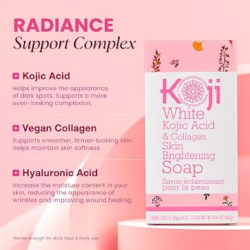 Koji White Kojic Acid & Collagen Skin Brightening Soap for Face & Natural Glowing Skin - Moisturizer, Body Cleansing Bar, Reduce the Appearance of Wrinkles, Vegan, Paraben-Free, 2.82 oz (2 Bars)