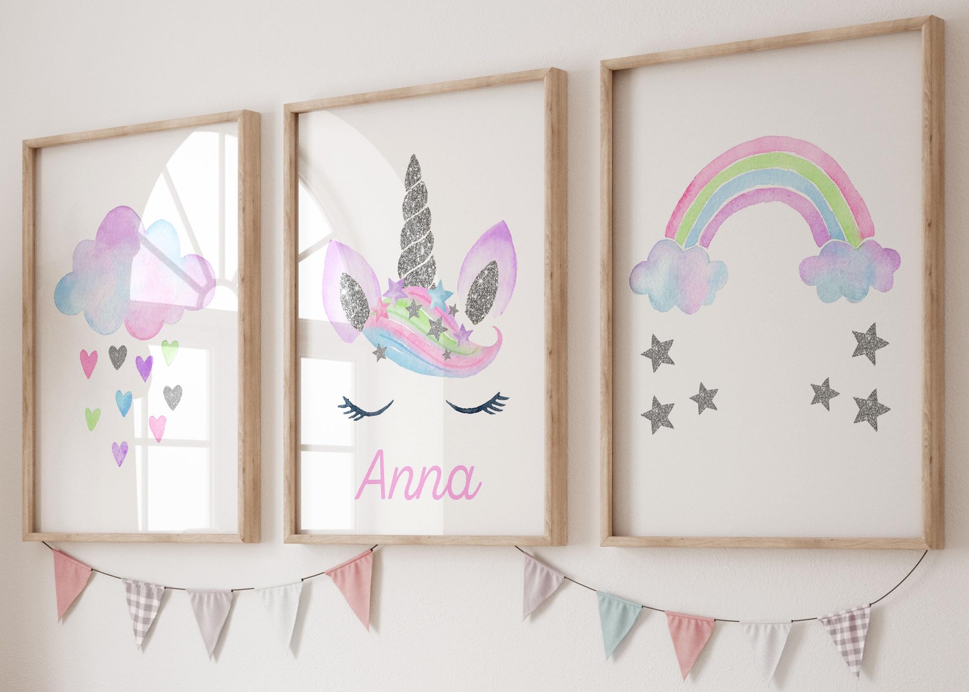 Eviepops Prints Unicorn Rainbow Cloud Set Of 3 Personalised Unframed Poster Prints, Pink Purple Silver Gold, Girls Bedroom & Nursery Decor (A3) — image 1