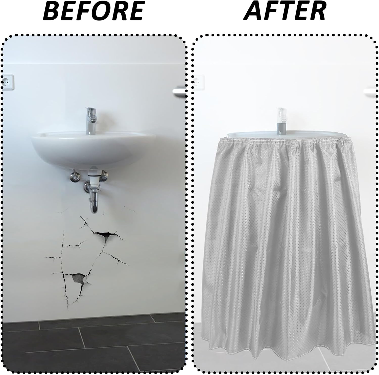 2 Pack Fabric Sink Skirt Diamond Bathroom Stitch Under Sink Skirt with Self Stick Adhesive Waterproof Fabric Under Sink Curtain Skirt for Extra Storage,Kitchen Sink Cover (Silver Gray,55 x 32Inch)