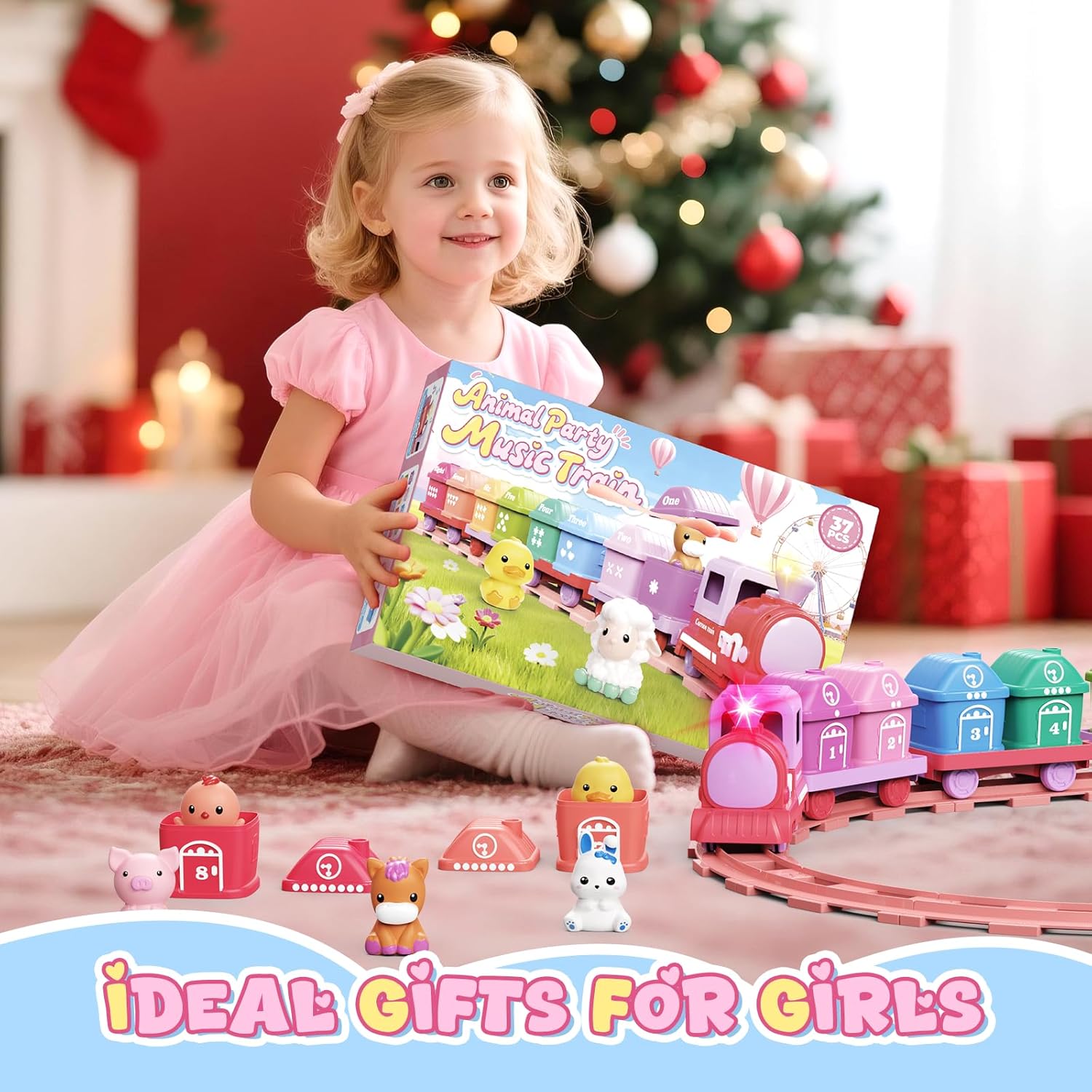 Train Set for Girls 2-4, Electric Toy Train with Farm Animals & Music & Lights, Montessori Counting & Sorting Learning Toys for Toddler Girls 1 2 3 Year Old, Christmas Easter Birthday Gift