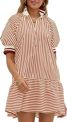 Wenrine Women Short Puff Sleeve Dress Striped Half Zip V Neck Collar Summer Casual Color Block Sweatshirt Babydoll Dresses