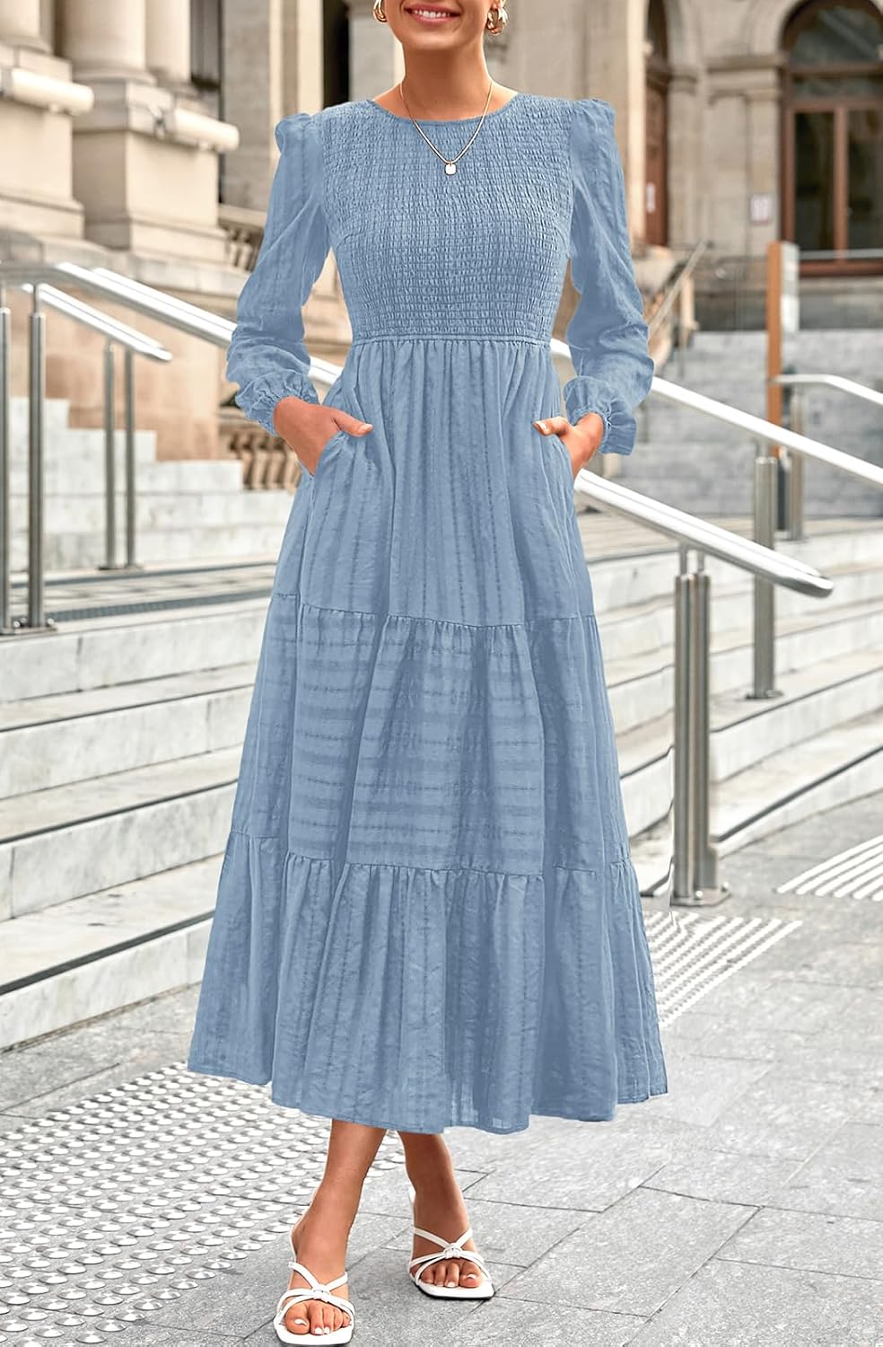 PRETTYGARDEN Womens Long Sleeve Fall Dresses Casual Crew Neck Smocked High Waist Tiered Flowy Maxi Dress with Pockets - Image 5