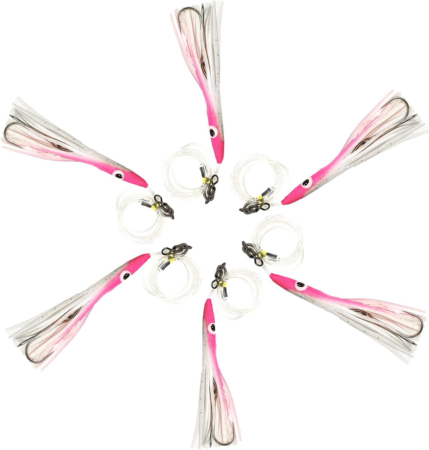 6" Tuna Clone Rigs, 6 Pcs Pink/White Color Rigged, for Offshore Saltwater Trolling, Includes Durable Skirted Lures, Ideal for Tuna,& Multi-Species Fishing
