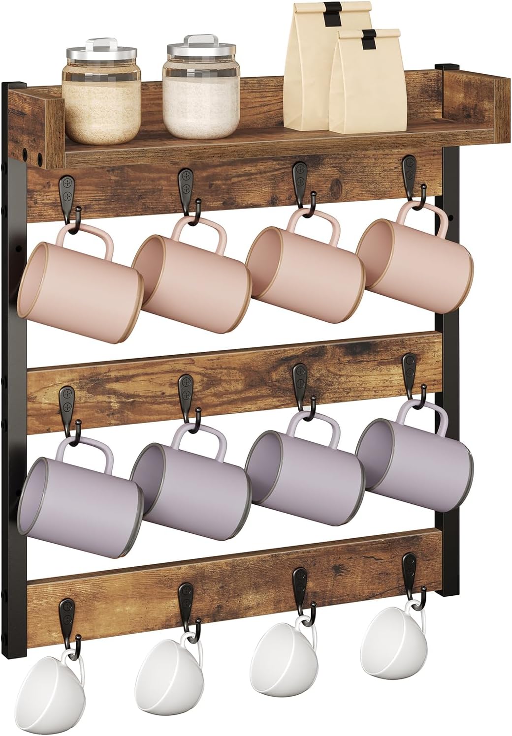 YATINEY Coffee Mug Holder Stand, 3 Tier Mug Tree Rack, Hanging 12 Cups, with Top Shelf, for Kitchen, Dining Room, Living Room, Cafe, Rustic Brown MH42BR