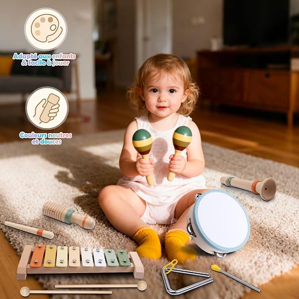 Instrument de Musique Bebe, Musique Batteries et Percussions Jouet Montessori avec Xylophone, Tambourin, Triangle, Jouet en Bois Enfant Jeux Fille Garcon 1 2 3 4 5 Ans Cadeau Anniversaire Noël - 5