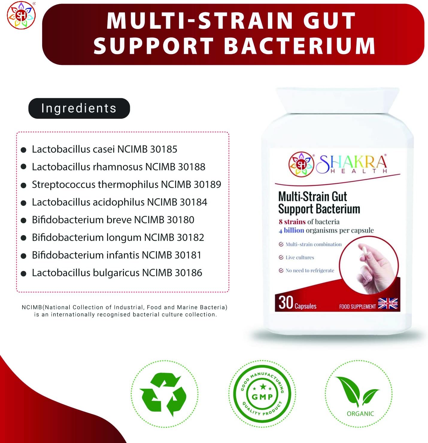 Multi-Strain Gut Support Bacterium (30 Capsules) Soothes & Supports Gut, Bowel & Digestive Health; Colon Issues & I. B. S Relief. Powerful Multi-Strain Pro-Biotic | Shakra Health