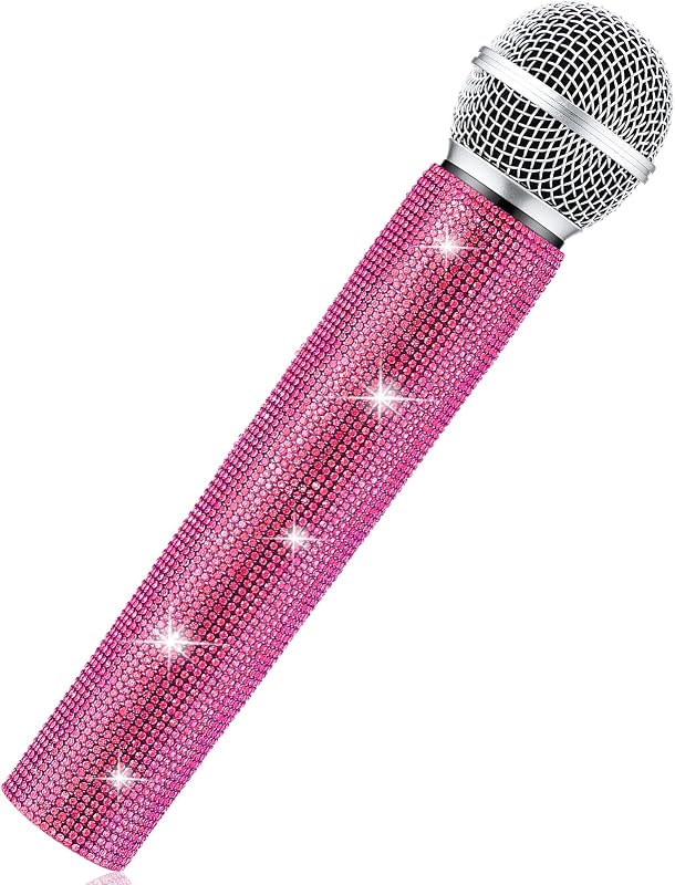 Sparkly Fake Microphone Prop Bling Rhinestones Mic, Pink | Sparkle Bling Plastic Play Microphone Pretend Glitter Bedazzled Mic for Cosplay Party Costume