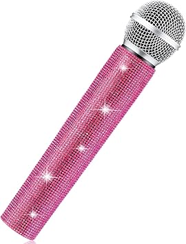 Sanwuta Fake Microphone Prop Sparkly Bling Rhinestones Plastic Play Microphone Pretend Glitter Bedazzled Mic for Cosplay Party CostumePink